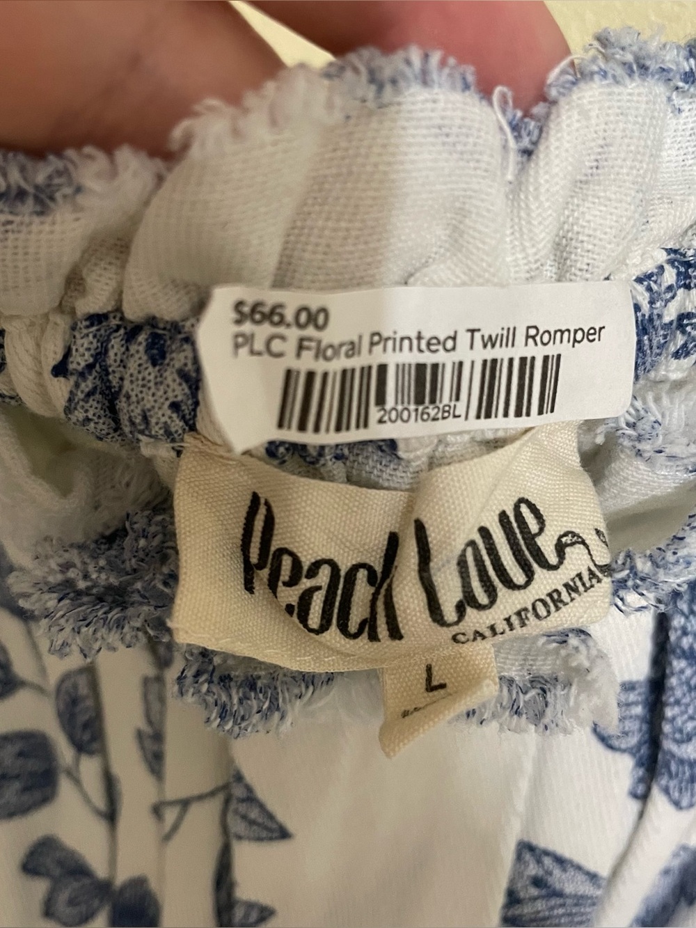 Peach Love denim floral twill romper blue white cotton size large - Picture 2 of 5